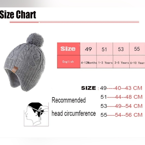 Size 55cm Kids Aged 6-10 Beanie Fleece Winter Hat Gray With Pompom And Earflaps - Picture 4 of 4